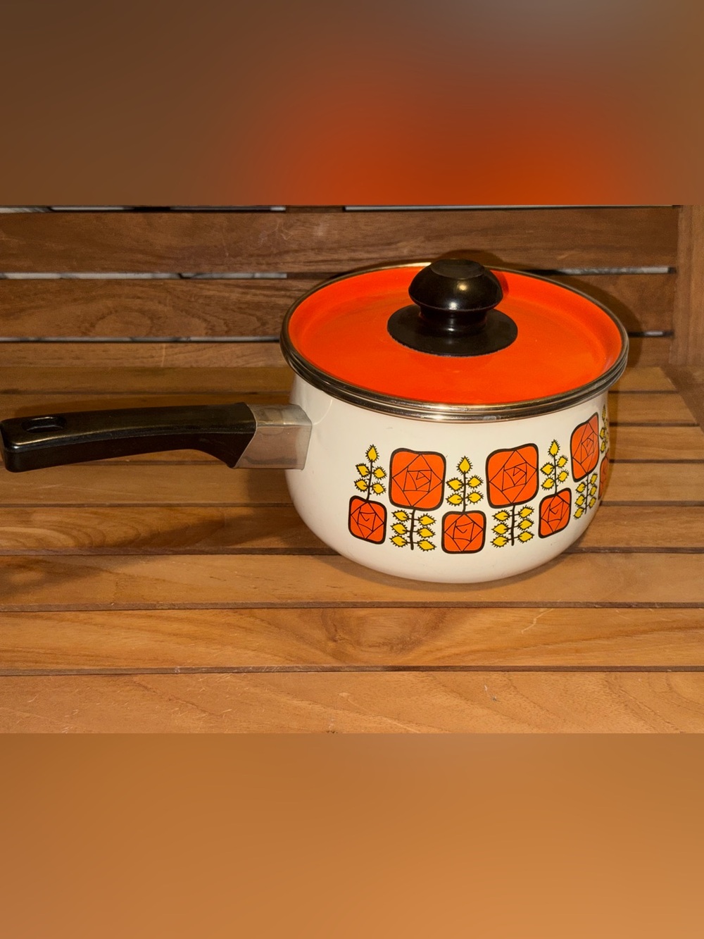 Orange Floral Enamel Vintage 1970’s Saucepan with Lid